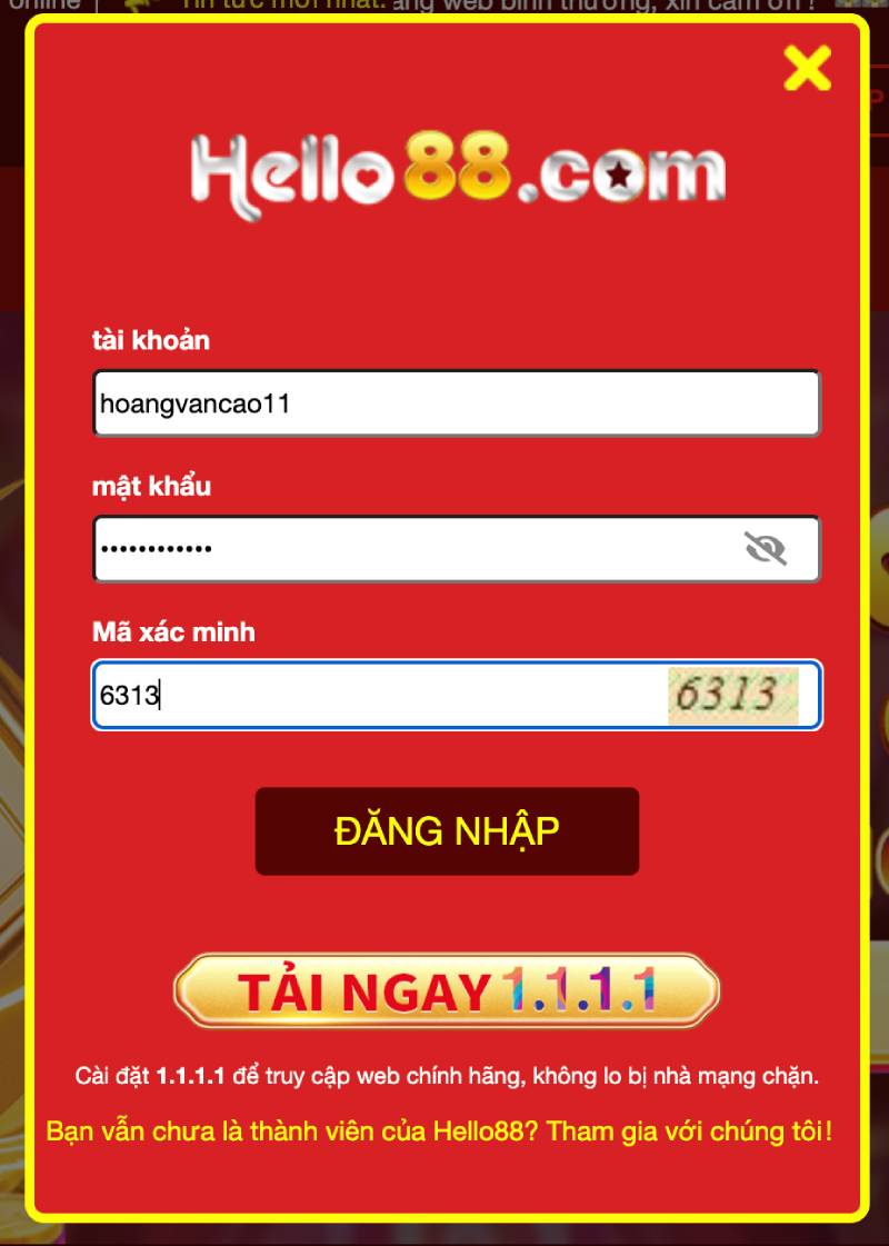 Hello88 - Cổng game nhà cái giải trí uy tín tại Châu Á 13 Bước 2: Điền đúng thông tin đăng nhập để tiếp tục.